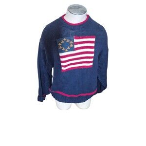 Lord & Taylor VTG Unisex Sweater Americana USA Flag 100% Cotton Navy Blue Sz M